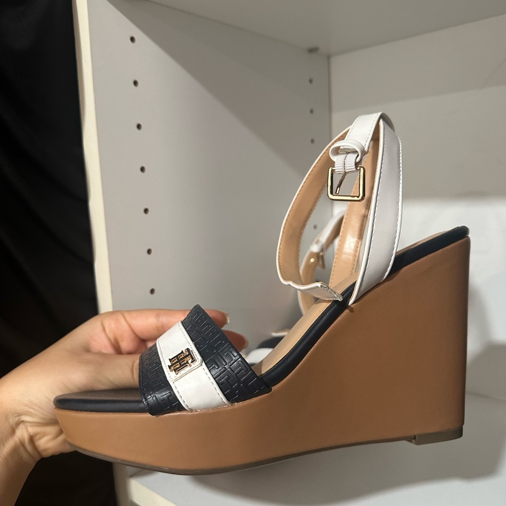 Tommy Hilfiger Black and White Wedges with Tan Sole